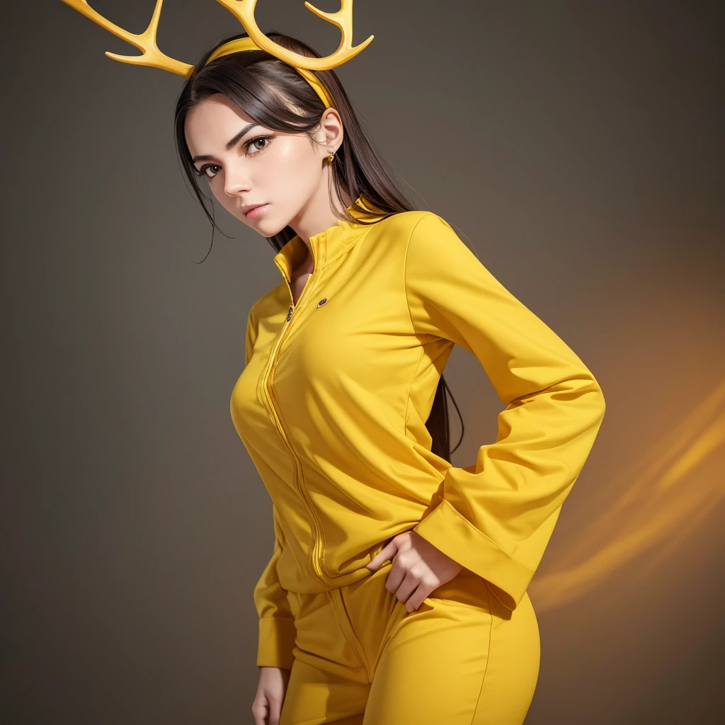 Generate an image of a female entrepreneur with a serious expression, standing upright and facing directly forward in a chest-up portrait style, resembling a passport photo. She is wearing yellow clothing and has antlers growing from her head. Ensure the background is simple to highlight her presence.