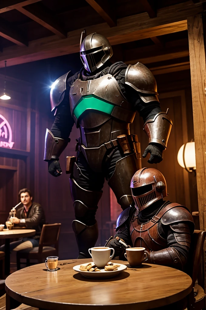 Holow knight tomando un café con pan con Kirby y un doom slayer 