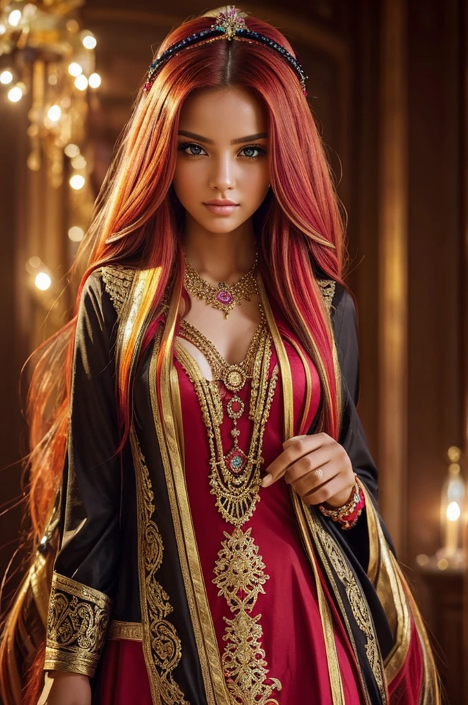 1 girl, long_Hair, bright_Hair_color, seductive_eyes, Mysterious_expression, maduro_Appearance, attractive_Attire, fluent_dress, elegant_jewelry, intricate_ornaments, magic_symbols, bright_accessories, potions, scrolls, beautiful_accents, bows, Ribbons, flores,