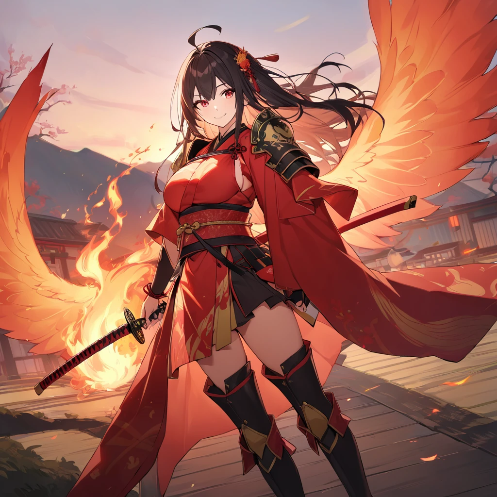 A woman wearing red heavy samurai armor with gold details, samurai shoulder pads, samurai bracelet, samurai boots, holding a red katana without a sheath, katana with fire, wings of a large fire bird, large wings, fire aura, floating over a open area in Japanese aesthetics, Japanese environment, black hair, long hair, ahoge, red eyes, smiling, big breasts, fire effect, a large phoenix around, location at sunset, close view
