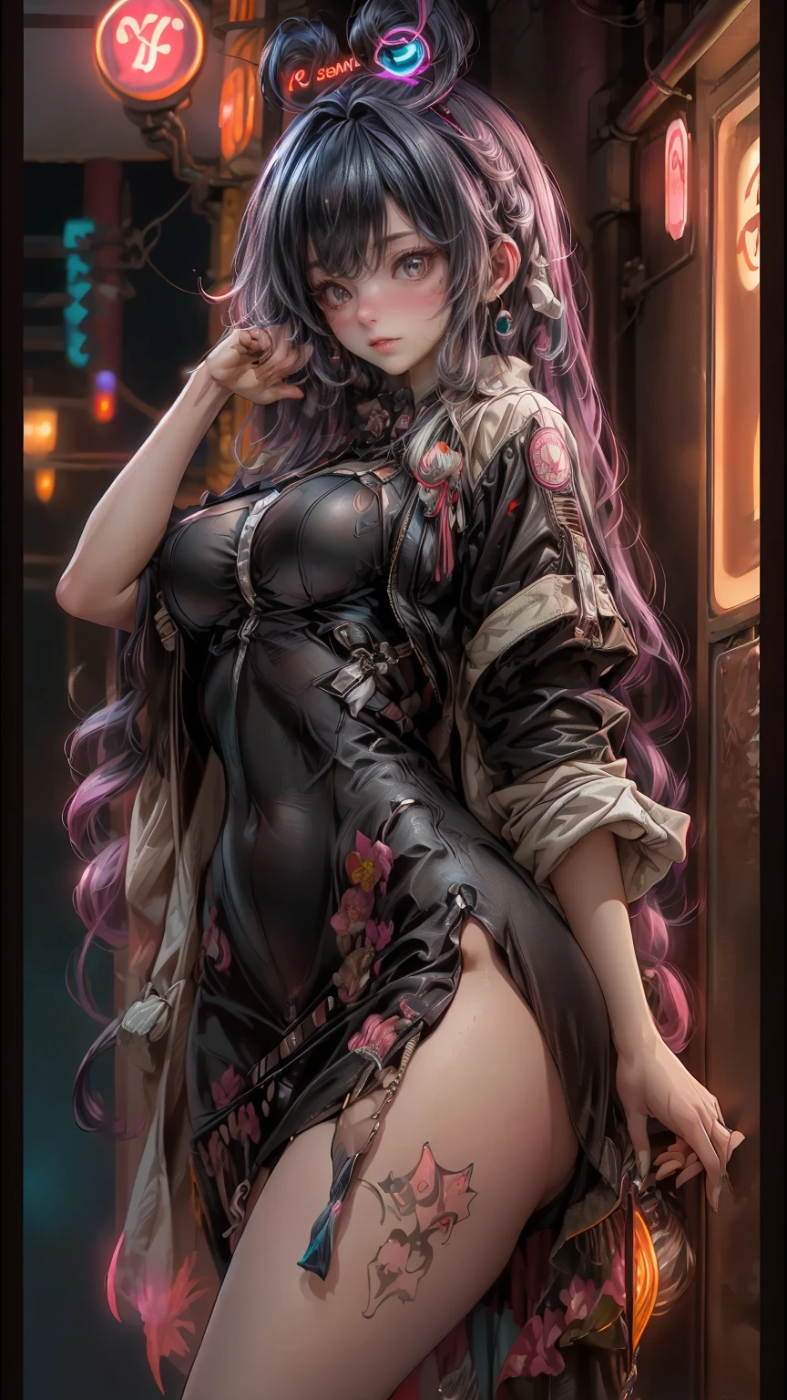 Ultra-realistic CG K ,((premium、8k、32k、Masterpiece、NFFSW:1.3)), (superfine illustration)、(súper high resolution), (((adult body))), (Masterpiece, Best Quality:1.2), ((Masterpiece, of the highest quality, Maximum image quality, high resolution, photorealistic, photo and gross, 8k)), Aerial view of a motel with a car parked in front of it., with neon signs, A woman waiting for a guest in front of a motel., seduction, short dress and high heels, Route 6 6, neon signs, 1 9 5 0 s turismo americano, some have neon signs, Neon lights outside, neon advertisements, gigantic neon signs, neon shops, Lt. Arnie Swekel, few neon signs, neon signs in background,