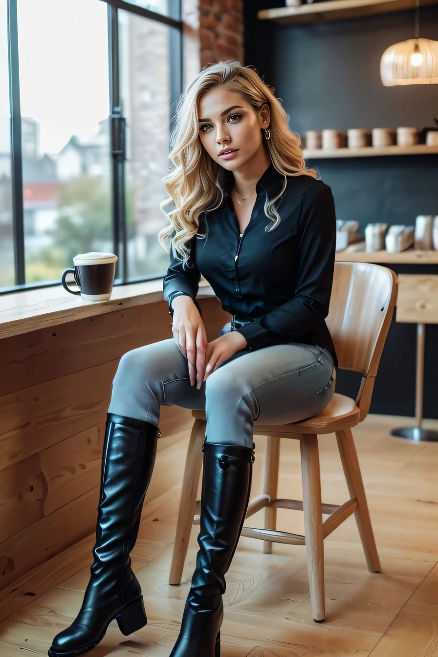 high quality,16K:1.1),((, German woman sitting on a chair in a coffee shop）, 、(Full Body Shot:1.2),(),Blonde wavy hair、、ear piercing、smile、Beautiful teeth alignment、((Long sleeve blouse、Skinny jeans、boots)), ,(View your audience:1.3),The background is a coffee shop
