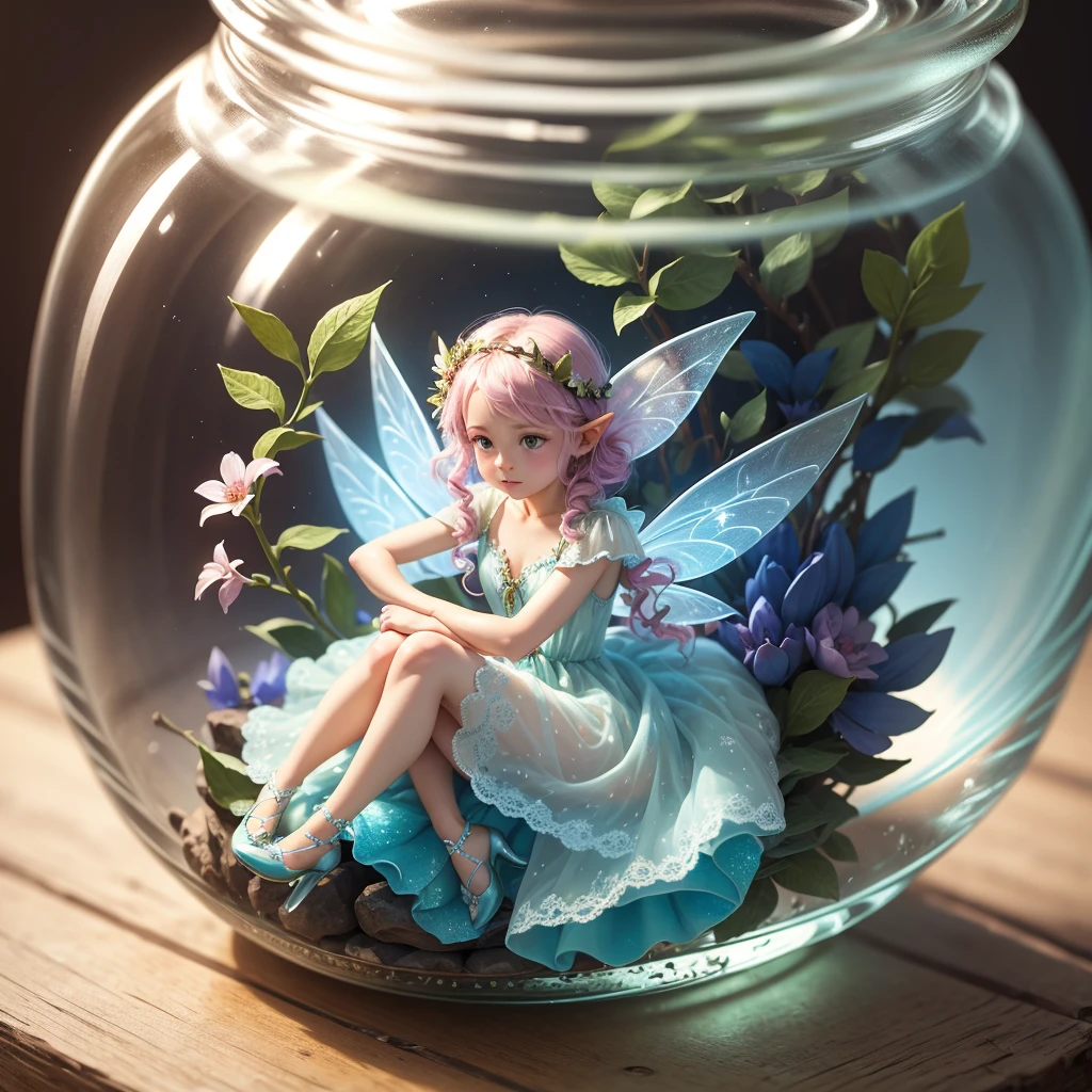 A little fairy locked inside a glass jar. beautiful fairy, detailed, Fancy