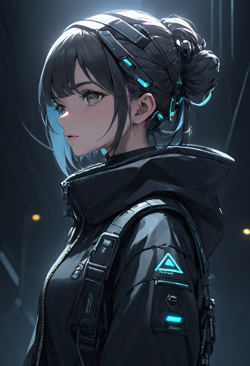 Techwear, girl, cyberpunk, close up, dark background ,solarpunk , aweome costume
