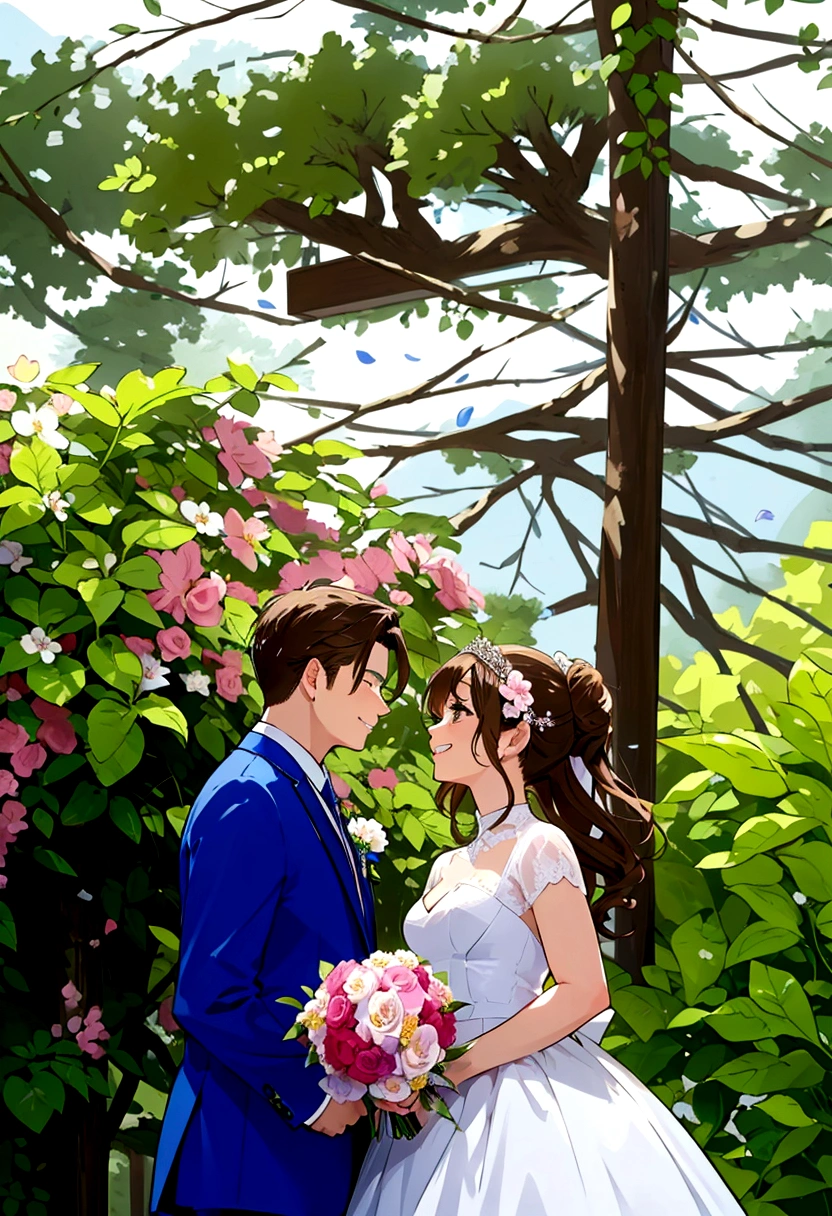 Beautiful wedding scene, two characters, both standing, full body view, Groom with Loid style brown hair from Spy x Family, wearing a blue suit, bride with blonde hair and a wedding crown and in an elegant white dress with a and holding a bouquet of flowers, Both smiling happily, incredibly beautiful faces, happy expressions, romantic background in a sakura garden with blooming flowers and soft lighting. woman with blonde hair. eyes browns