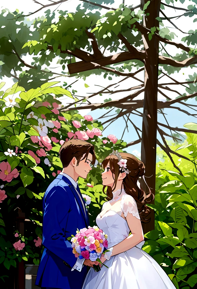 Beautiful wedding scene, two characters, both standing, full body view, Groom with Loid style brown hair from Spy x Family, wearing a blue suit, bride with blonde hair and a wedding crown and in an elegant white dress with a and holding a bouquet of flowers, Both smiling happily, incredibly beautiful faces, happy expressions, romantic background in a sakura garden with blooming flowers and soft lighting. woman with blonde hair. eyes browns