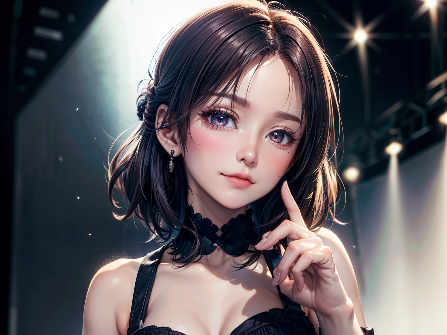 ((Best of the highest quality, 8k, Masterpiece, raw photo: 1.1)), (Sharp focus: 1.1), (1 AESPA, slim body type female, 22 y/o: 1.1), solo, Portrait Waist Up, (realistic, photo-realistic:1.37), face focus, cute face, finely eyes, (short messy hair, updo, forehead: 1.2), (sharp chin, droopy eyes: 1.32), (Emphasize prominent aegyo-sal with bright: 1.28), shimmering eyeshadow applied under the lower lash line, paired with thick, (small breasts, flat chest: 1.2), alternative outfit, walking on stage, microphone, flower,