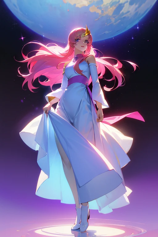 ((64k，超High resolution，超Highest quality，masterpiece，Hyperrealistic，Young and adorable, beautiful, young, adorable，16 years old〜20 year old girl，young woman，Full body photo，Full body angle，Whole Body Ezbian，Surreal，Very detailed:1.3，Ultra-realistic:3.0))，GundamSEED，Lacus Clyne，Pink Hairの毛，Blue Eyeasterpiece,Detailed eyes,Detailed skin,Detailed face,Shiny skin,Detailed Hair,White skin,Perfect lighting,Glossy Lips,8K,wallpaper,京都animeーション, animeカラーリング  ,Klein Lake,GundamSEED ウイングGundam,Pink Hair, Straight hair,blue eyes , (((hair ornaments, White sleeves,豪華なWhite Dress, 豪華なPurple Skirt, 贅沢なLong skirt))),Very long hair, Bare shoulders, Star background，1980s \(style\),masterpiece, Highest quality, High resolution, anime, Lacus 1, One girl, alone, Pink Hair, Straight hair, hair ornaments, White sleeves, blue eyes, White Dress, Purple Skirt, Long skirt, Very long hair, Bare shoulders, Large Breasts, smile, Gundam, On the floor,retro artstyle,Water Lake，Swimsuit，Yukata，smile，Many beautiful flowers are blooming， a dress