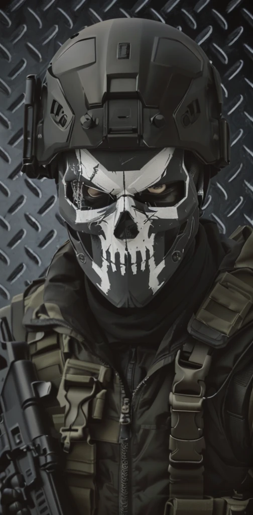 there is a man in a helmet and a mask with a gun, spec ops mask, ghost mask, minimal black skull warpaint, spec - ops head with mask, skull like, ultra detail. digital painting, profile shot, skull face, spec - ops head, dark but detailed digital art, skull paint, skull mask, full mask, the reaper as a scary