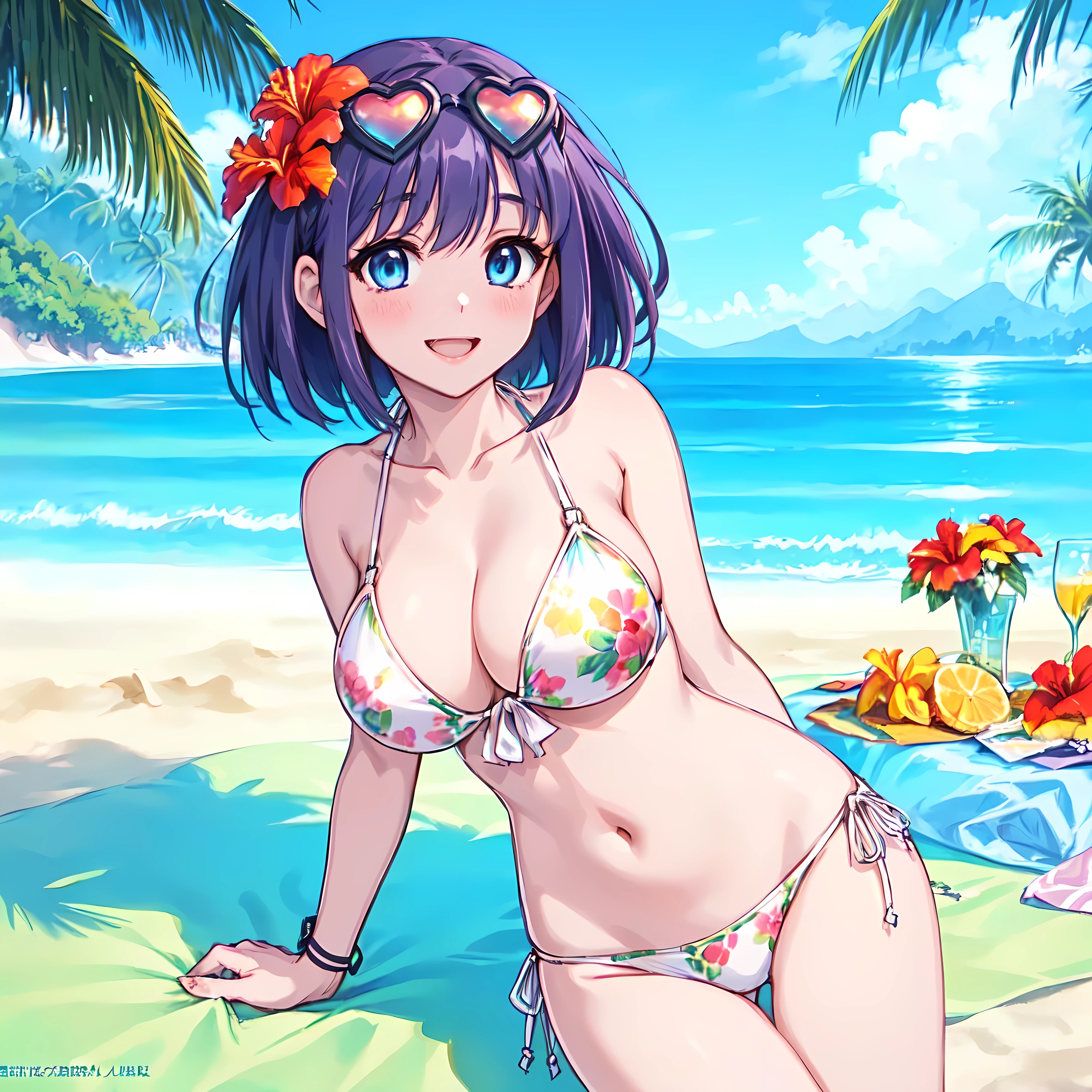 (((Highest quality)))、(((Perfect Anatomy)))、(((Beautiful posture)))、 (((A girl in a swimsuit with her arms behind her back and her hands hidden、Hibiscus on the left side of her hair for a voluptuous body、She is wearing heart-shaped sunglasses with rainbow-colored lenses on her forehead and is smiling provocatively.)))、(Light purple hair:1.8、Fluffy purple hair)))、(((Short Hair)))、 (((Big droopy eyes、 Light blue eyes with highlights)))、アニメ girl in bikini with fruit and sunglasses on her head, [ 4k yen digital art ]!!, アニメ moe artstyle, Official artwork, Realistic Bikini, アニメ style 4k yen, maAlso kitagawa fanart, Also, アニメ! 4K, アニメ! 4k yen, Naughty, seductive アニメ girl, (((A bikini with a white background and a floral motif, with few flowers))), clean detailed アニメ art, detailed digital アニメ art, 8K!!、Baby Face、Big Breasts、(((Tropical Beach、Blue sky)))、Black and white ribbon on wrist、solo