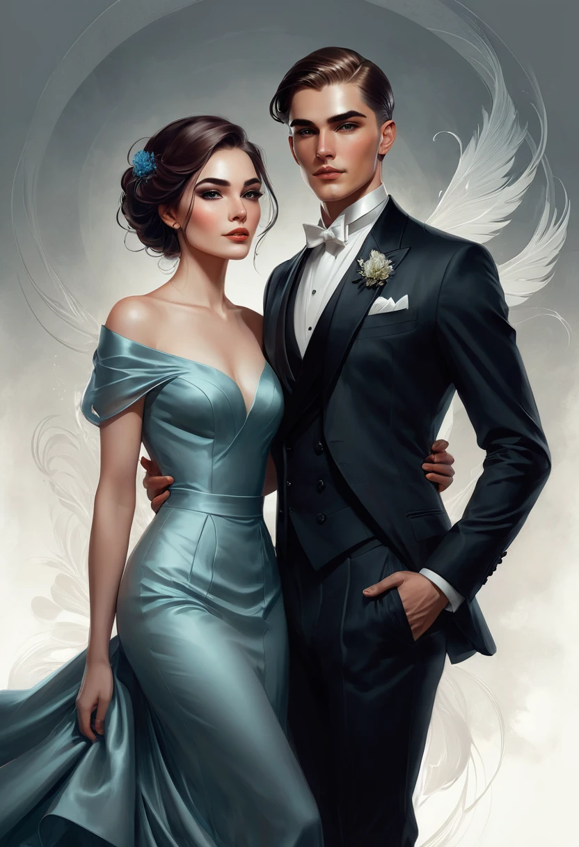 a man and a woman in formal wear, next to each other, Edmund Blair e Charlie Bowater, style of charlie bowater, charlie bowater and artgeem, in style of charlie bowater, charlie bowater art style, Charlie Bowater e Tom Bagshaw, digital art of an elegant, no art style by bowater, an elegant couple