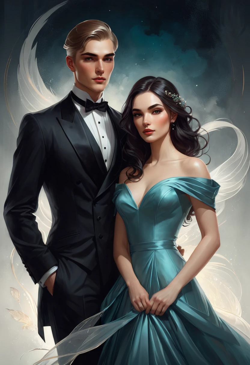 a man and a woman in formal wear, next to each other, Edmund Blair e Charlie Bowater, style of charlie bowater, charlie bowater and artgeem, in style of charlie bowater, charlie bowater art style, Charlie Bowater e Tom Bagshaw, digital art of an elegant, no art style by bowater, an elegant couple