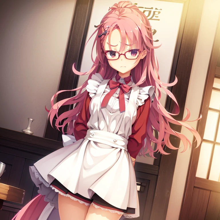 seductive, ((forehead to show)), attractive, sexy eyes, red coat, pink hair, delicate, young, long hair, detailed face, high definition, full body, maid, embarrassed angry, cafe, hands behind back, wearing red glasses