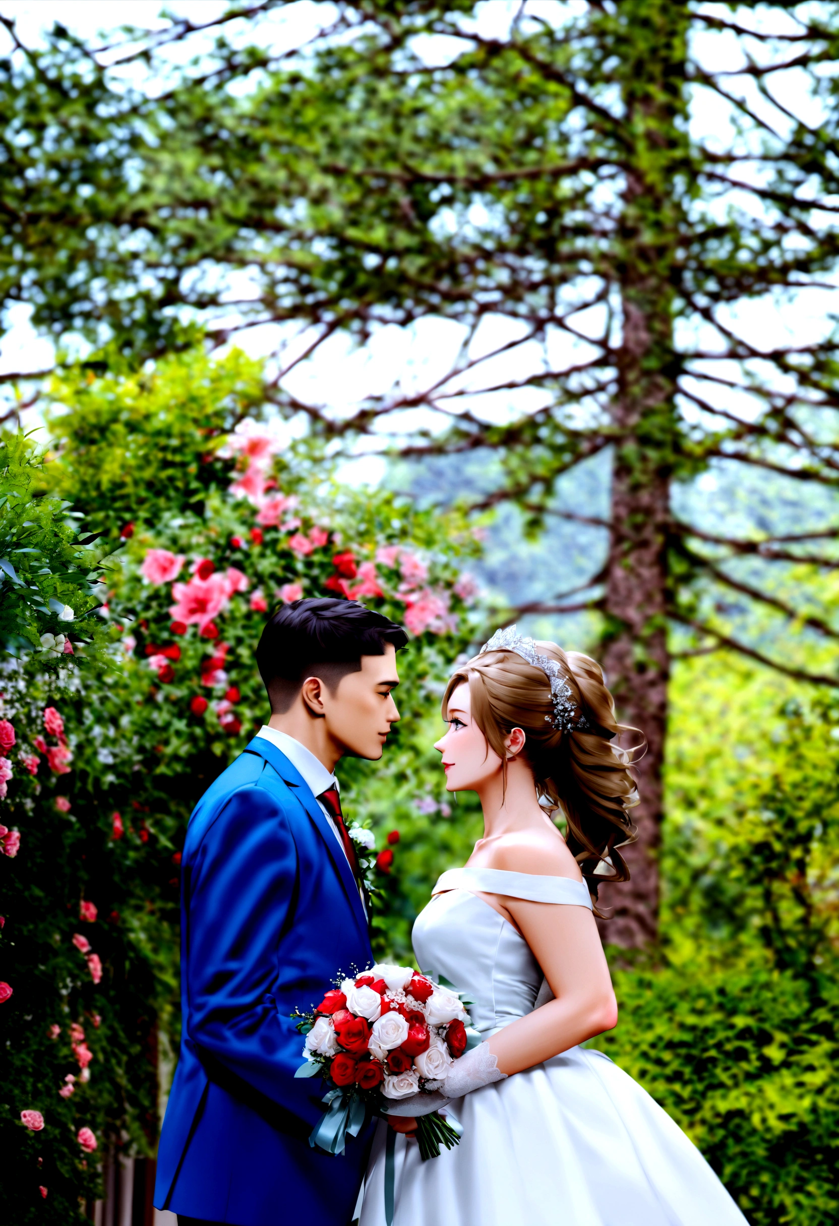 work of art, 1 girl, 1 young boy, don, two people, marriage don, necktie, Couple, ssmile, strapless don, eyes locked,eyes browns, pants, strapless, veil, flowers, long blonde hair, containment, jewerly, mitts, chemise, necklase, bouquet, white pants, containment bouquet, white don, white chemise, sem mitts, white jacket, red necktie, bridal veil, White background, marriage, husband and wife, long sleeves, long don, red flowers, shorth hair, standing, capa do romance, homem sem mitts, mulher sem mitts.