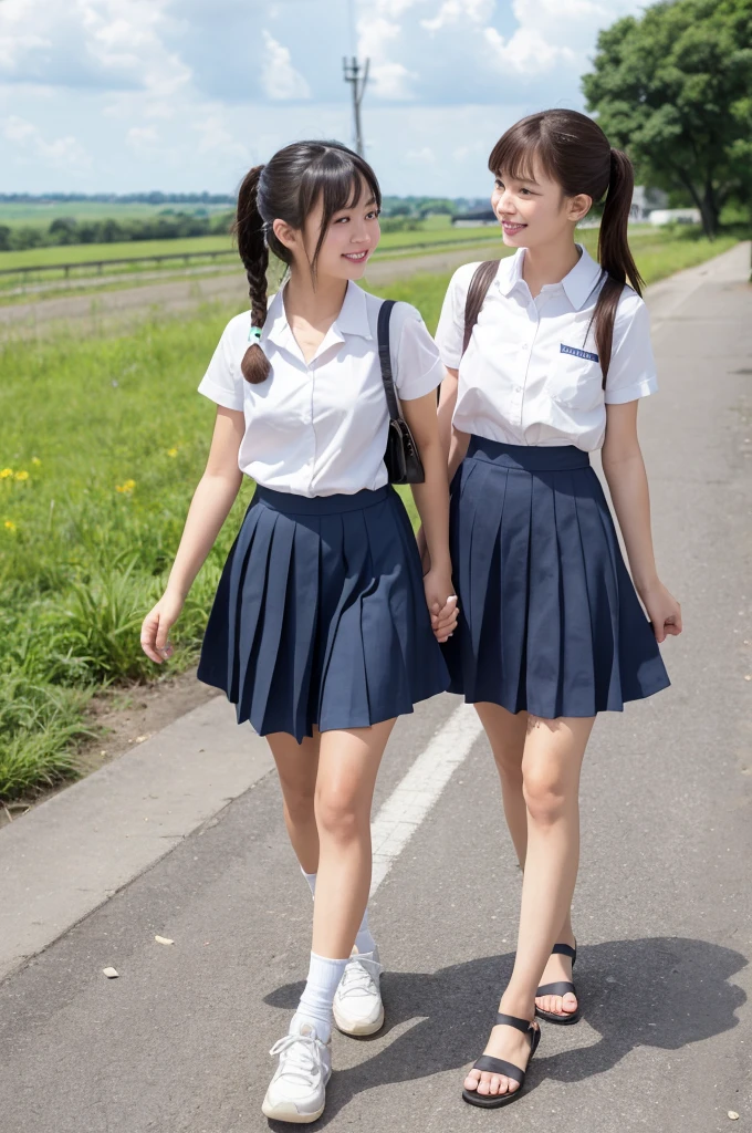 2 girls walking in rural field,cumulonimbus cloud in summer sky,sailor shirt,navy blue pleated skirt,18-year-old,bangs,a little smile,thighs,knees,short hair with low pigtails bunches,from below,front light