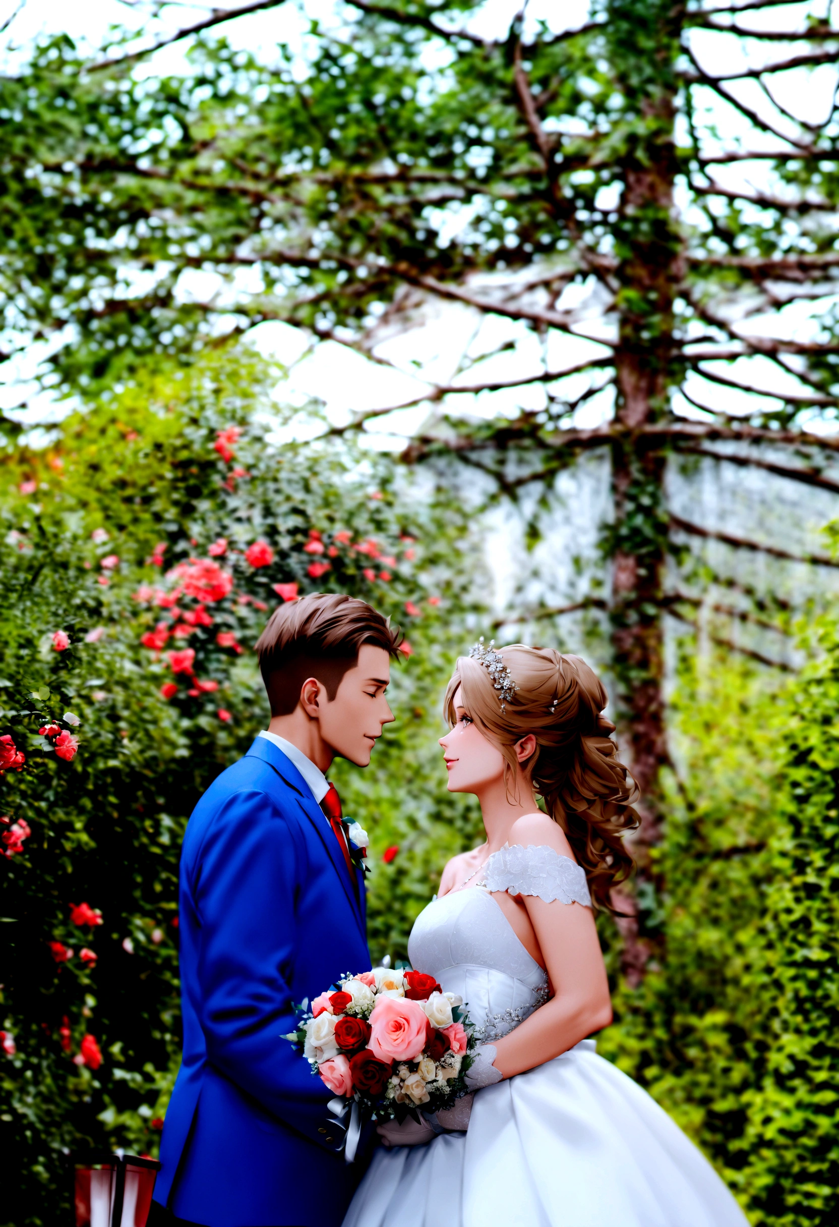 work of art, 1 girl, 1 young boy, don, two people, marriage don, necktie, Couple, ssmile, strapless don, eyes locked,eyes browns, pants, strapless, veil, flowers, long blonde hair, containment, jewerly, mitts, chemise, necklase, bouquet, white pants, containment bouquet, white don, white chemise, sem mitts, white jacket, red necktie, bridal veil, White background, marriage, husband and wife, long sleeves, long don, red flowers, shorth hair, standing, capa do romance, homem sem mitts, mulher sem mitts.