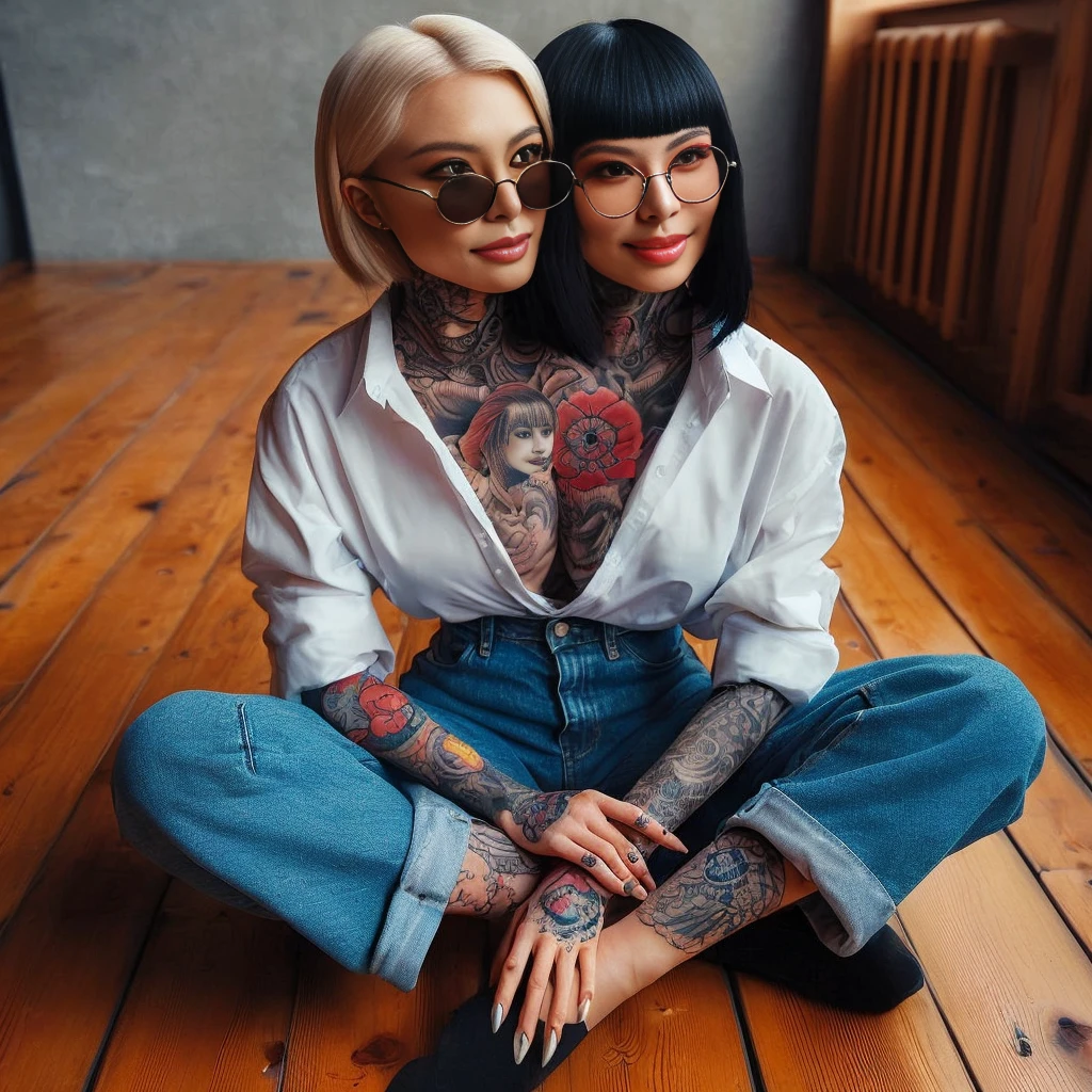 2heads, best resolution. japanese woman with two heads, smiling different faces, button shirt, jeans, yakuza tattoo, shades sovks