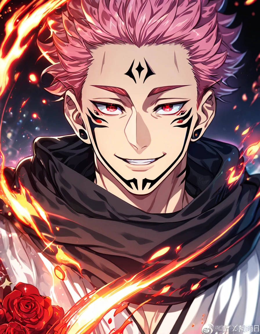 (absurdres, highres, ultra detailed, HDR) master piece, best quality, extremely detailed face, delicated features, Ryoumen Sukuna, pink hair, expressive red eyes, Jujutsu Kaisen, solo, sexy man, handsome, smile, white kimono, black scarf, magical fantasy, glittering, sparkling, red roses, radiant, res sparkling fireflies, red fire, envy magical, fantasy