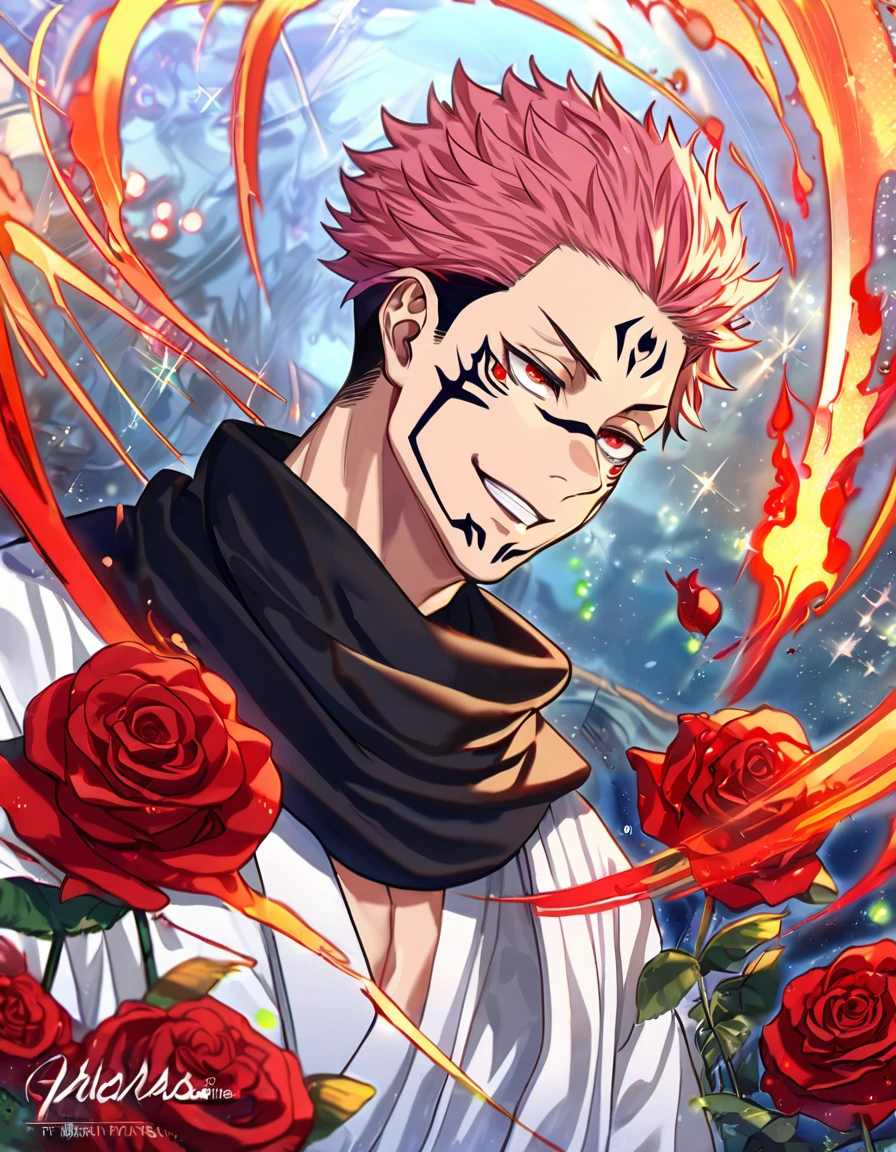 (absurdres, highres, ultra detailed, HDR) master piece, best quality, extremely detailed face, delicated features, Ryoumen Sukuna, pink hair, expressive red eyes, Jujutsu Kaisen, solo, sexy man, handsome, smile, white kimono, black scarf, magical fantasy, glittering, sparkling, red roses, radiant, res sparkling fireflies, red fire, envy magical, fantasy