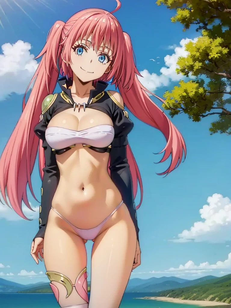 1girl, solo, beautiful girl, brunette skin, blue eyes, big eyes, detailed eyes, long eyelashes, pink hair, long hair, sidelocks, twintails, head tilt, fang, medium breasts, black bikini, string bikini, bikini bottom only, white crop top, asymmetrical legwear, ahoge, clothing cutout, cowboy shot, juliet sleeves, long sleeves, puffy sleeves, pink legwear, revealing clothes, shoulder cutout, pink thighhigh, no pants, skindentation, smile, looking at viewer, narrow waist, perfect hands, perfect anatomy, cleavage, midriff, navel, covered nipples, outdoors, flying, blue sky, clouds,