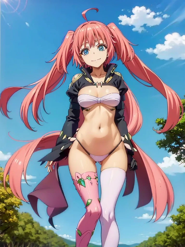 1girl, solo, beautiful girl, brunette skin, blue eyes, big eyes, detailed eyes, long eyelashes, pink hair, long hair, sidelocks, twintails, head tilt, fang, medium breasts, black bikini, string bikini, bikini bottom only, white crop top, asymmetrical legwear, ahoge, clothing cutout, cowboy shot, juliet sleeves, long sleeves, puffy sleeves, pink legwear, revealing clothes, shoulder cutout, pink thighhigh, no pants, skindentation, smile, looking at viewer, narrow waist, perfect hands, perfect anatomy, cleavage, midriff, navel, covered nipples, outdoors, flying, blue sky, clouds,