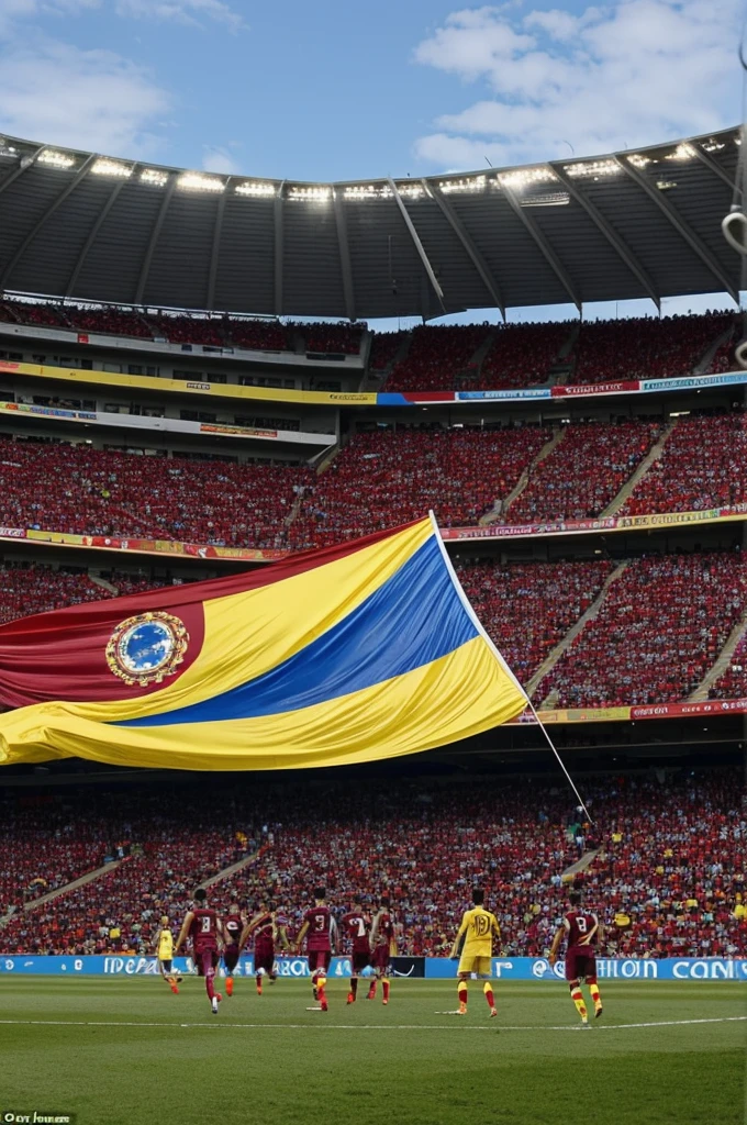 The Venezuelan team has all the vinotinto players present on a soccer field, all present, with a yellow blue and red banner saying hand I have faith