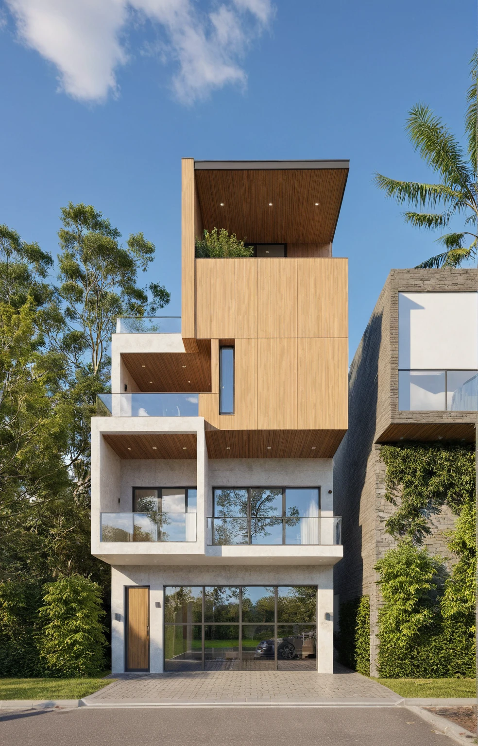Raw photo,Masterpiece, high quality, best quality, authentic, super detail,
exterior, outdoors, house style modern on the street, glass windows, gate, wooden ceiling,
road,pavement, trees, sky, cloud, (daylight:1.1)
