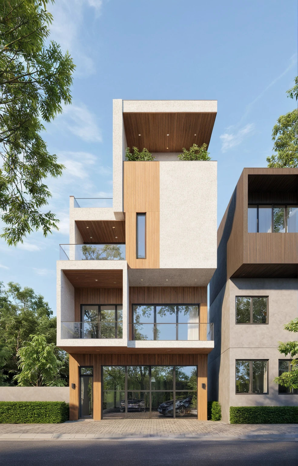 Raw photo,Masterpiece, high quality, best quality, authentic, super detail,
exterior, outdoors, house style modern on the street, glass windows, gate, wooden ceiling,
road,pavement, trees, sky, cloud, (daylight:1.1)