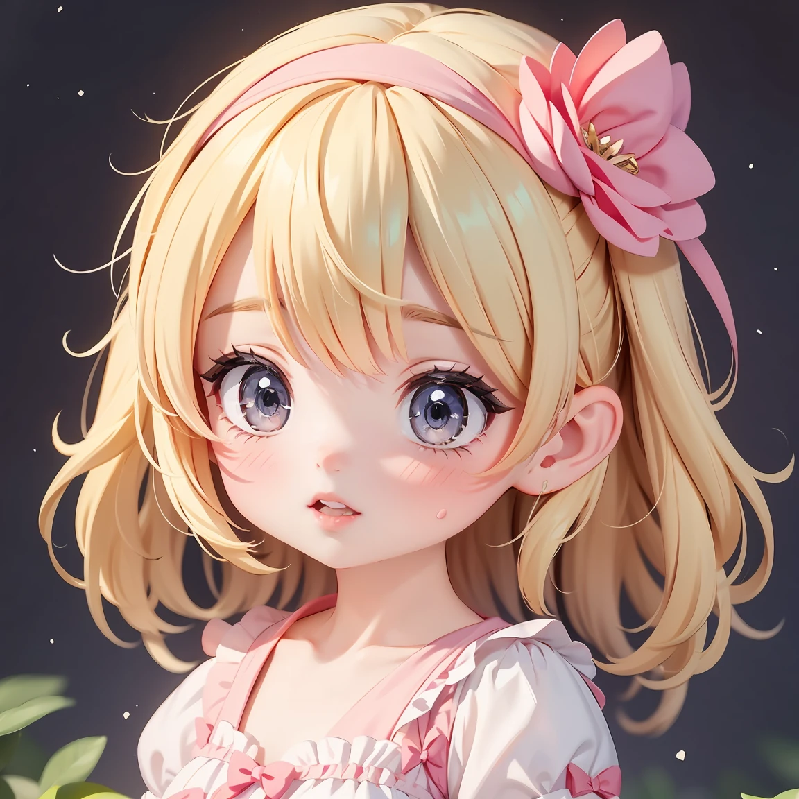 Chibi Character:1.5、Blonde Hair、Cute 7 year old girl、pink cinderella dress