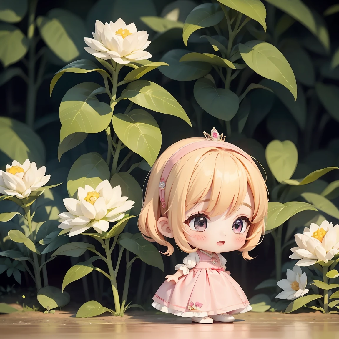 Chibi Character:1.5、Blonde Hair、Cute 7 year old girl、pink cinderella dress