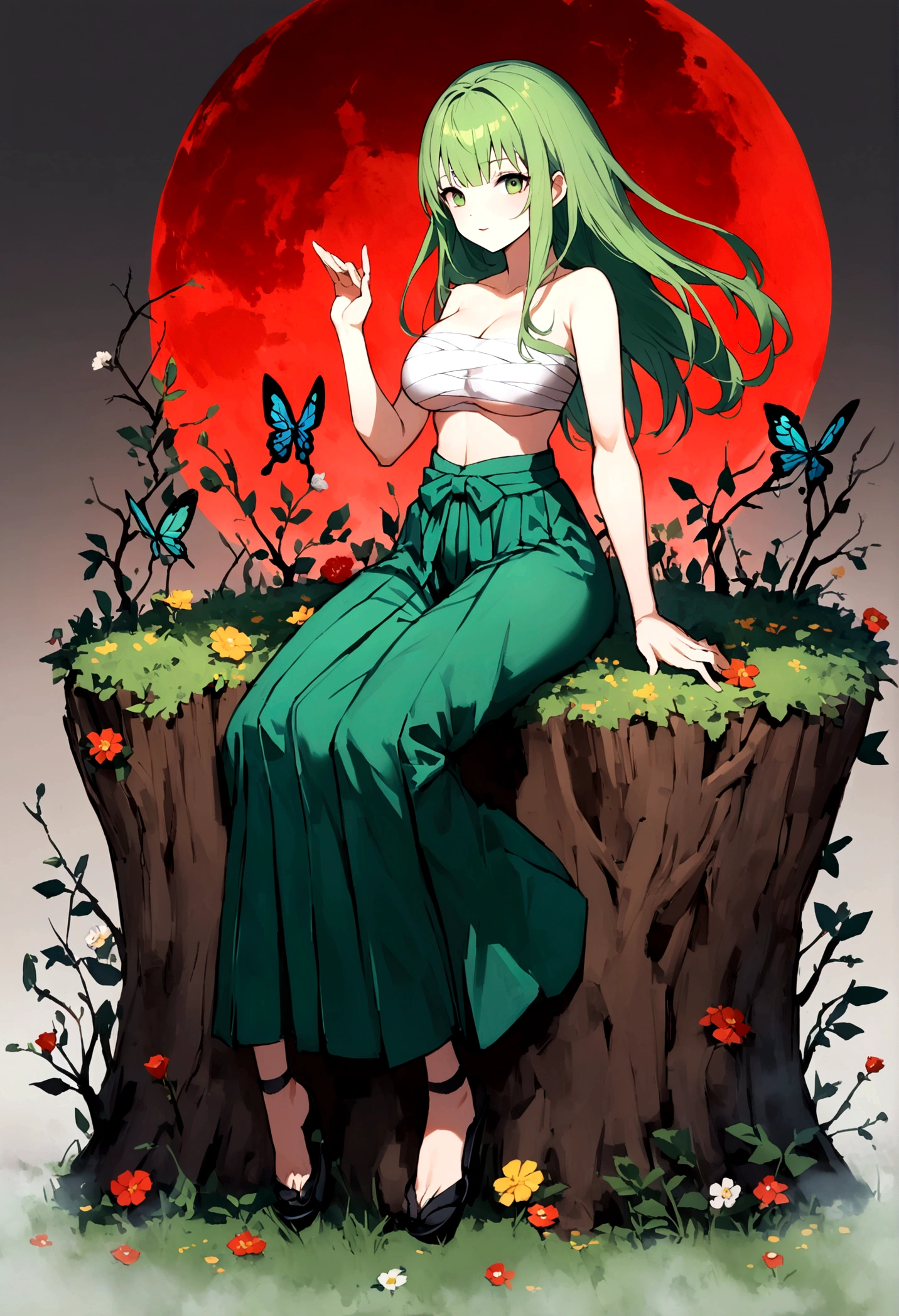 Beautiful anime style girl with long hair,(((Green Hair)))long medium hair,(((Highest quality)))Transparent Hair,Cool face,Confused face,(((Green Eyes))),Fun Beautiful Girl,(((A well-defined, glamorous body)))Tight waist,Big Breasts,(((flower柄の和服)))A beautiful and radical girl wearing a kimono with a radical green,(Butterfly ornament),全身にVineで巻かれている,((Hakama)),((Sarashi)),Fair skin,(((Sexy pose))),(Sitting on a stump)),(Cross-legged figure),(((detailed)))Full Body Shot,Vine,flower,Countless butterflies,(((background)))fog,Red Moon,flower畑,In the dark forest。
