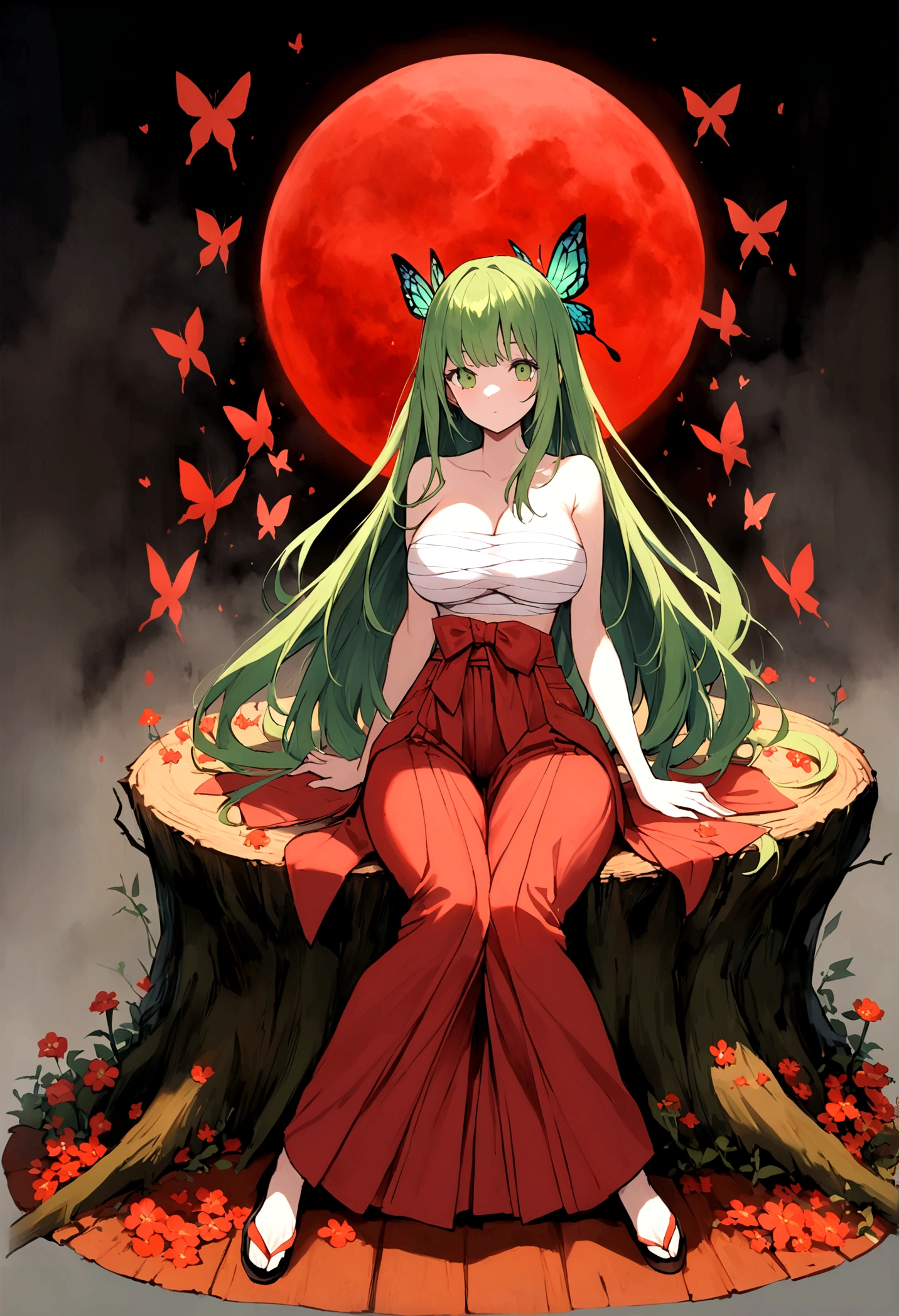 Beautiful anime style girl with long hair,(((Green Hair)))long medium hair,(((Highest quality)))Transparent Hair,Cool face,Confused face,(((Green Eyes))),Fun Beautiful Girl,(((A well-defined, glamorous body)))Tight waist,Big Breasts,(((flower柄の和服)))A beautiful and radical girl wearing a kimono with a radical green,(Butterfly ornament),全身にVineで巻かれている,((Hakama)),((Sarashi)),Fair skin,(((Sexy pose))),(Sitting on a stump)),(Cross-legged figure),(((detailed)))Full Body Shot,Vine,flower,Countless butterflies,(((background)))fog,Red Moon,flower畑,In the dark forest。