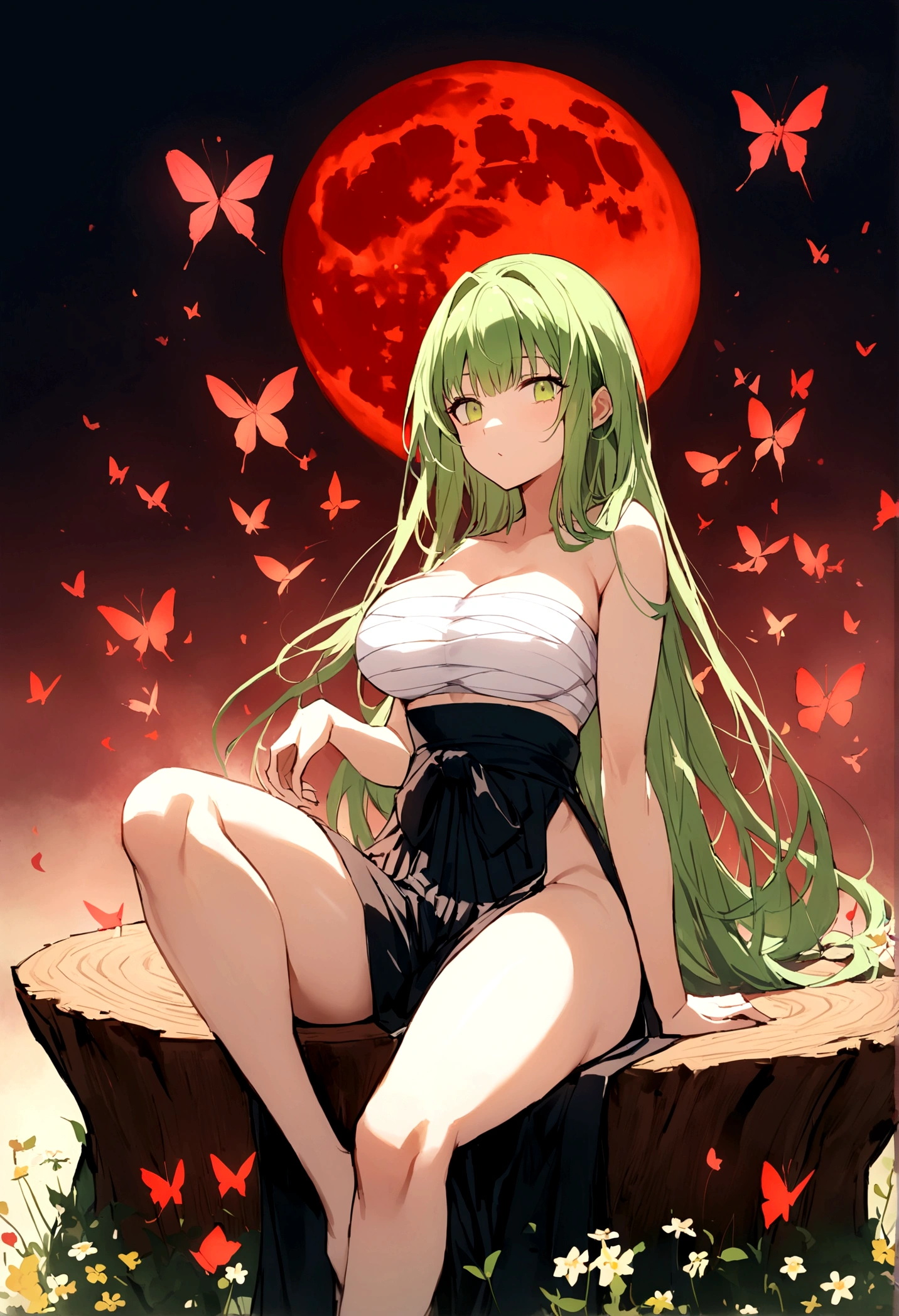 Beautiful anime style girl with long hair,(((Green Hair)))long medium hair,(((Highest quality)))Transparent Hair,Cool face,Confused face,(((Green Eyes))),Fun Beautiful Girl,(((A well-defined, glamorous body)))Tight waist,Big Breasts,(((flower柄の和服)))A beautiful and radical girl wearing a kimono with a radical green,(Butterfly ornament),全身にVineで巻かれている,((Hakama)),((Sarashi)),Fair skin,(((Sexy pose))),(Sitting on a stump)),(Cross-legged figure),(((detailed)))Full Body Shot,Vine,flower,Countless butterflies,(((background)))fog,Red Moon,flower畑,In the dark forest。