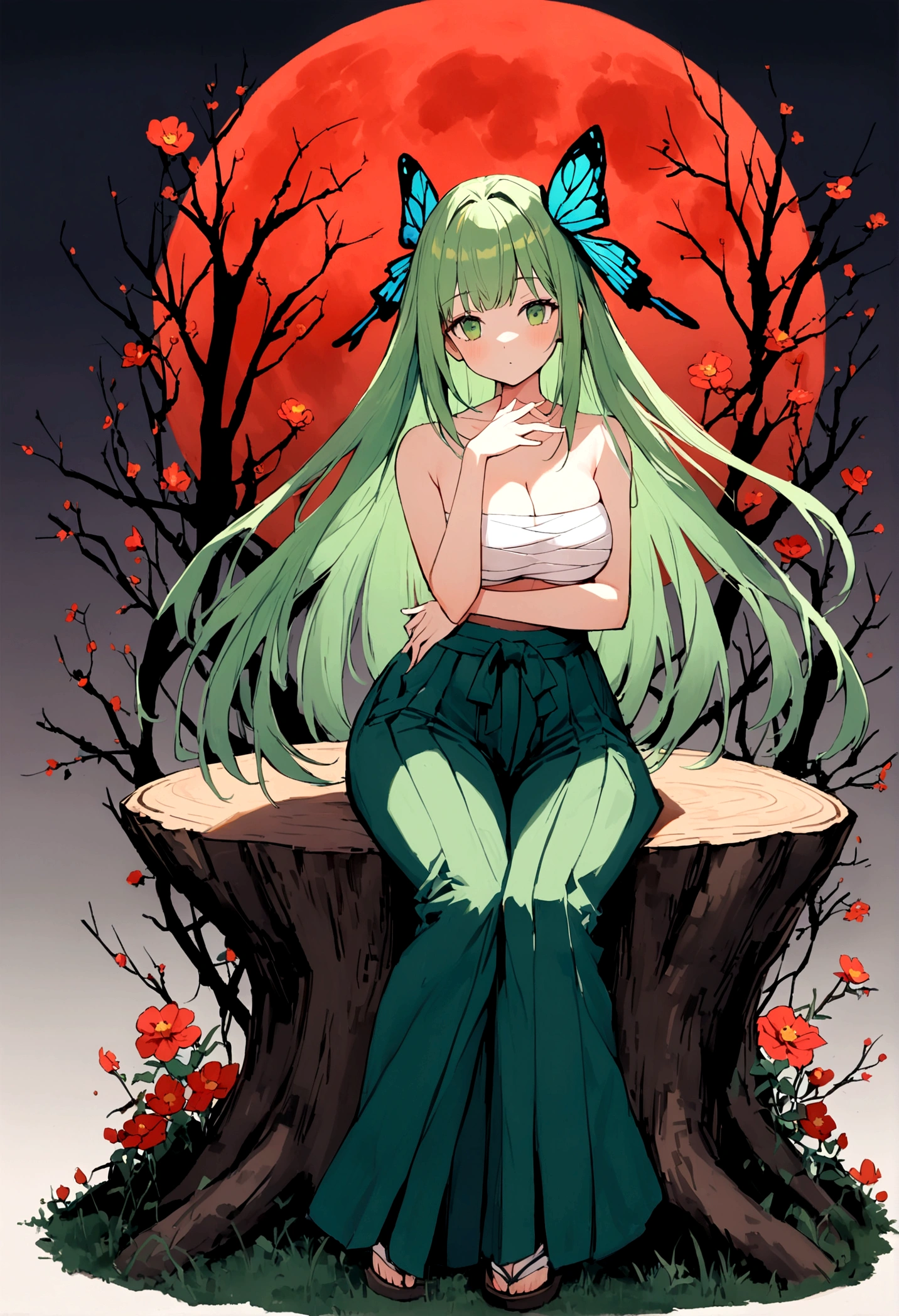 Beautiful anime style girl with long hair,(((Green Hair)))long medium hair,(((Highest quality)))Transparent Hair,Cool face,Confused face,(((Green Eyes))),Fun Beautiful Girl,(((A well-defined, glamorous body)))Tight waist,Big Breasts,(((flower柄の和服)))A beautiful and radical girl wearing a kimono with a radical green,(Butterfly ornament),全身にVineで巻かれている,((Hakama)),((Sarashi)),Fair skin,(((Sexy pose))),(Sitting on a stump)),(Cross-legged figure),(((detailed)))Full Body Shot,Vine,flower,Countless butterflies,(((background)))fog,Red Moon,flower畑,In the dark forest。