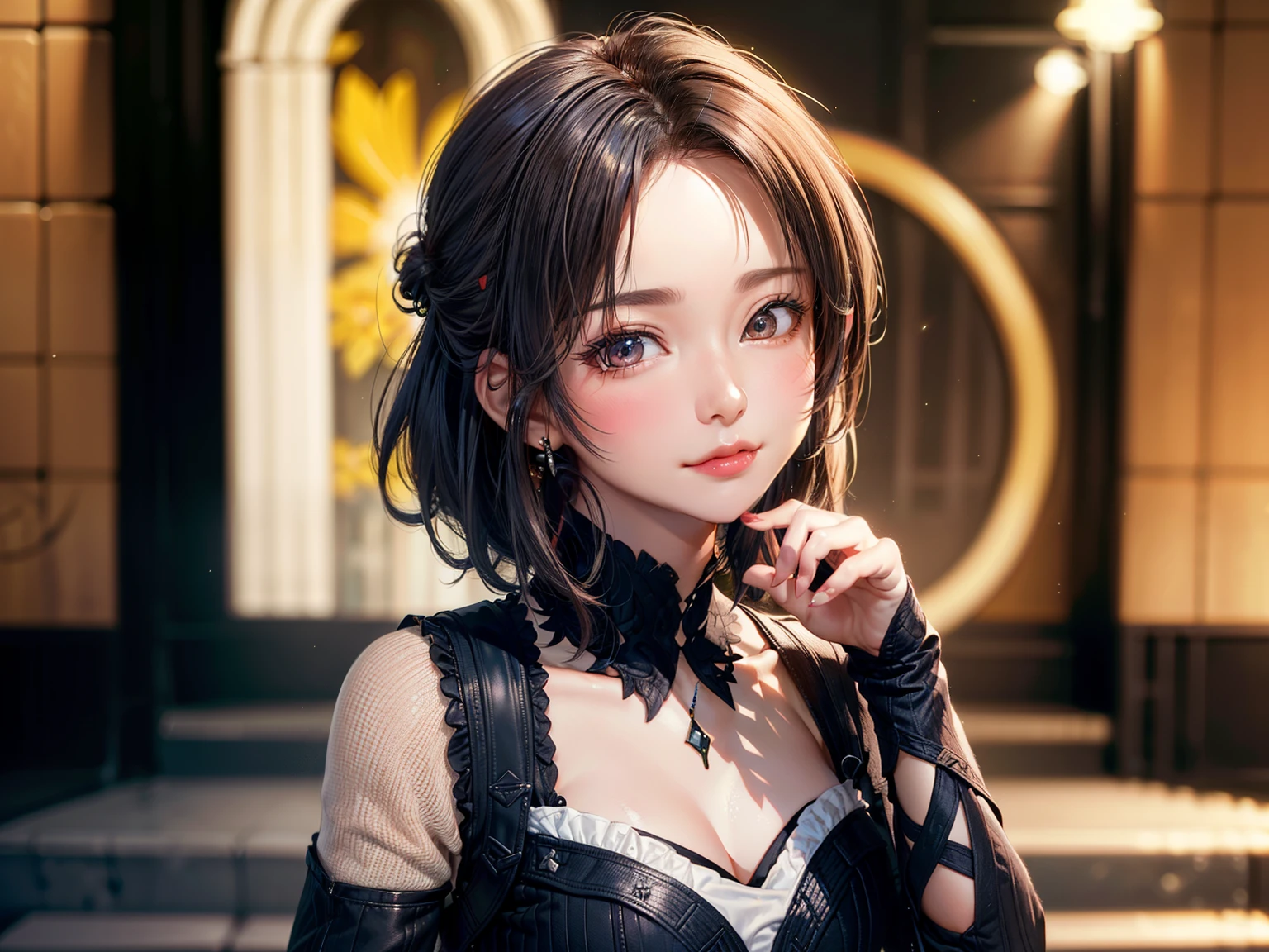 ((Best of the highest quality, 8k, Masterpiece, raw photo: 1.1)), (Sharp focus: 1.1), (1 AESPA, slim body type female, 22 y/o: 1.1), solo, Portrait Waist Up, (realistic, photo-realistic:1.37), face focus, cute face, finely eyes, (short messy hair, updo, forehead: 1.2), (sharp chin, droopy eyes: 1.32), (Emphasize prominent aegyo-sal with bright: 1.28), shimmering eyeshadow applied under the lower lash line, paired with thick, (small breasts, flat chest: 1.2), alternative outfit, walking on stage, microphone, flower,