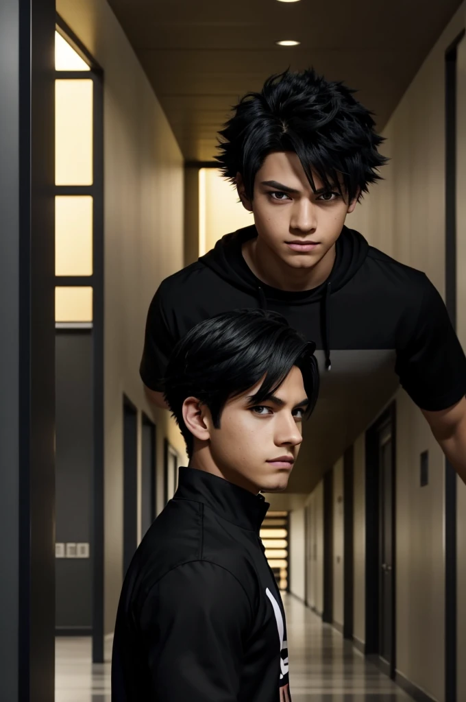 Screenshot of my hero academia Boy with black hair with golden tips and perfect face Black eyes and dressed in black clothes, perfect face and in the background a UA hallway along with Bakugo and Izuku
