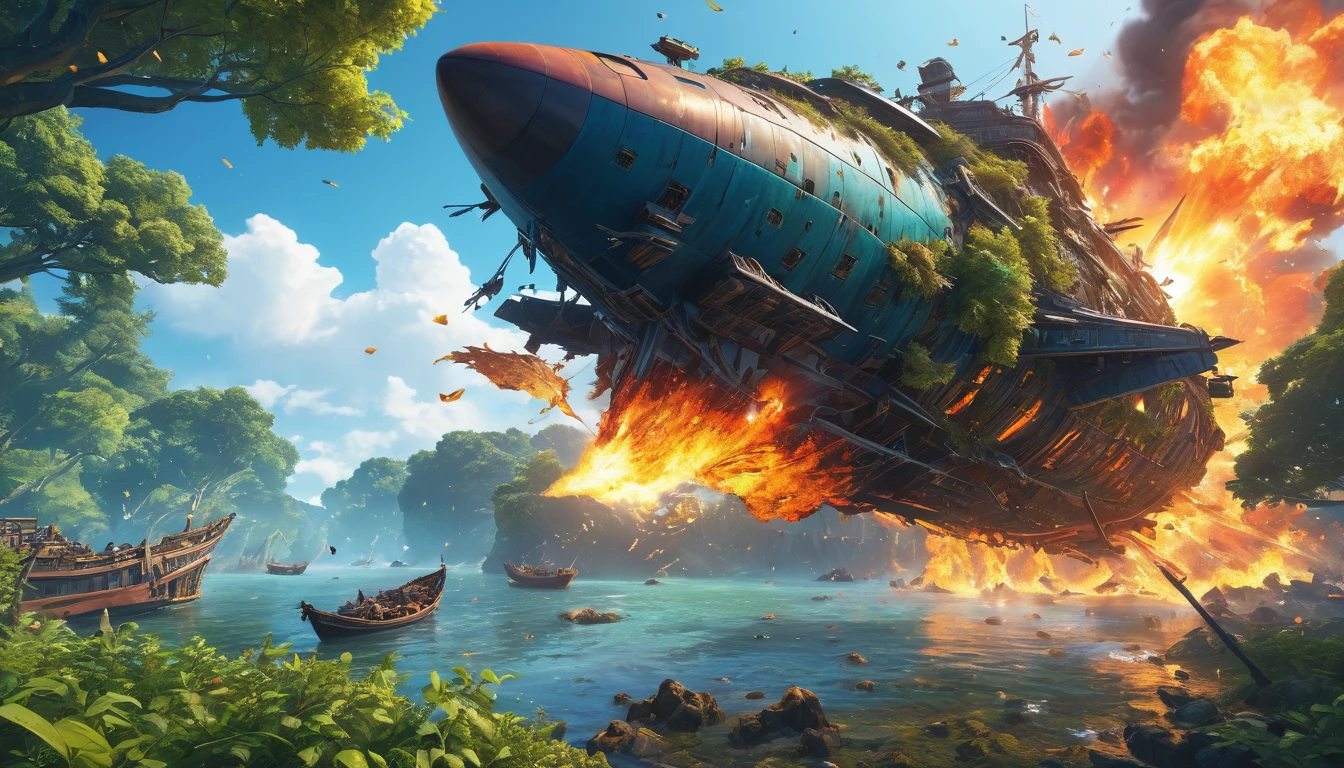(anime, fantasy, fly ship), (detailed CG unity 8k wallpaper, masterpiece, best quality, ultra-detailed, HDR:1.2, depth of field), vibrant colors, intricate, high FXAA, crash fly ship, debris, fire surrounding the fly ship, falling tree, close-up shot