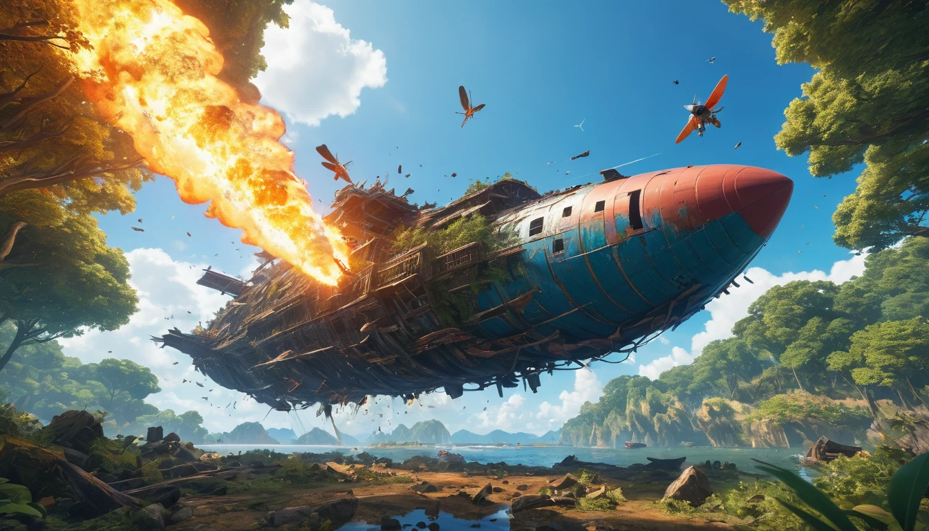 (anime, fantasy, fly ship), (detailed CG unity 8k wallpaper, masterpiece, best quality, ultra-detailed, HDR:1.2, depth of field), vibrant colors, intricate, high FXAA, crash fly ship, debris, fire surrounding the fly ship, falling tree, close-up shot