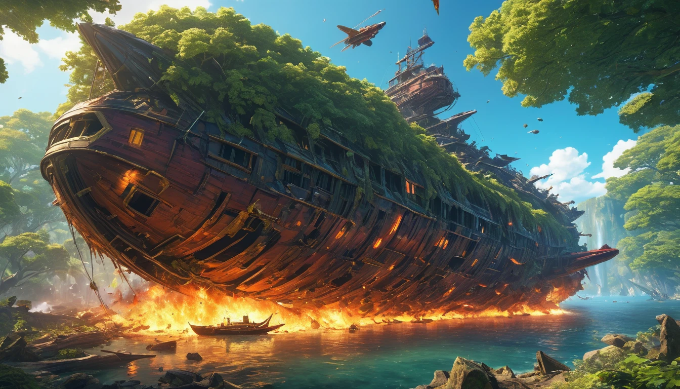 (anime, fantasy, fly ship), (detailed CG unity 8k wallpaper, masterpiece, best quality, ultra-detailed, HDR:1.2, depth of field), vibrant colors, intricate, high FXAA, crash fly ship, debris, fire surrounding the fly ship, falling tree, close-up shot