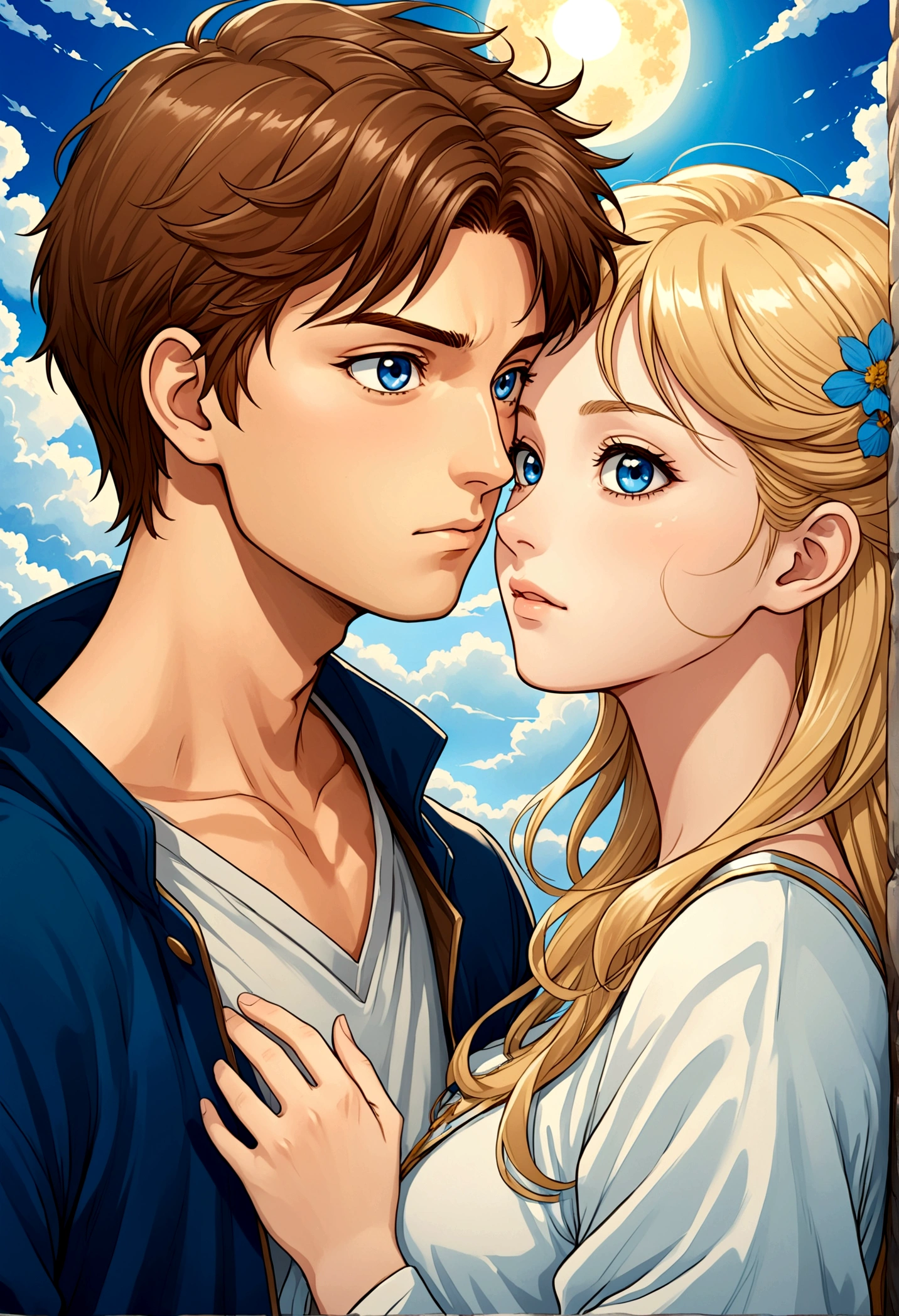A manga style brown hair girl with a blond boy with blue eyes, the two are close. in shibli manga style