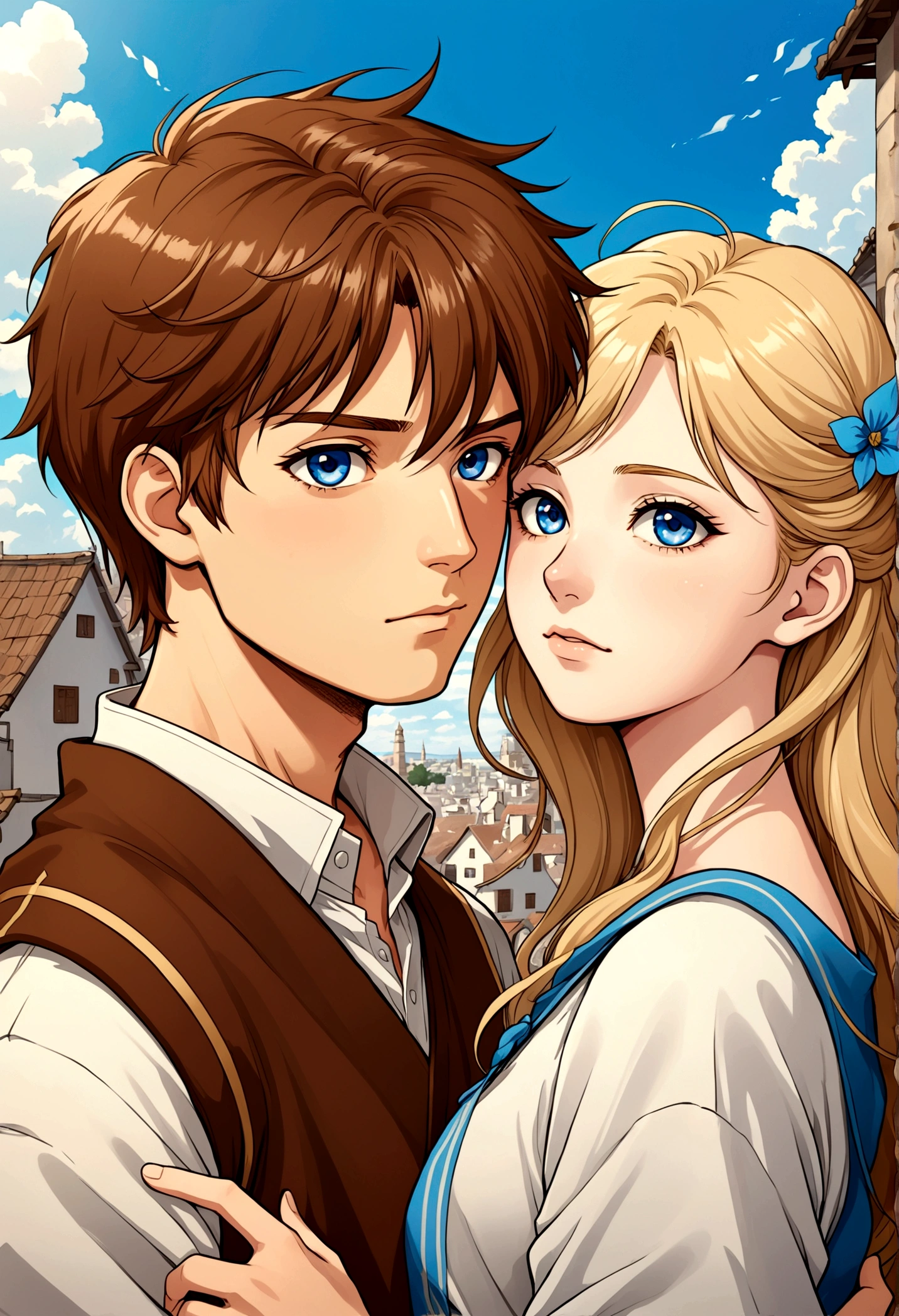 A manga style brown hair girl with a blond boy with blue eyes, the two are close. in shibli manga style