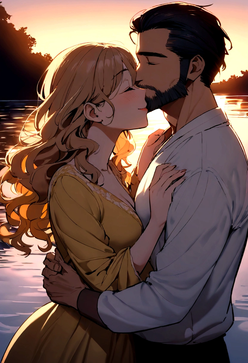 "A man kissing a woman in a romantic setting. The man, with short hair and a well-groomed beard, gently holds the woman's face with one hand, while the other hand is on her back, bringing her closer. The woman, with long, wavy hair, close your eyes and smile slightly, showing that you are enjoying the moment. They are in an environment lit by soft lights, with an intimate and welcoming atmosphere. The background shows a sunset by a lake, with warm, golden colors reflected in the water, adding a magical touch to the moment. Both are dressed casually, with clothes that enhance your natural beauty."