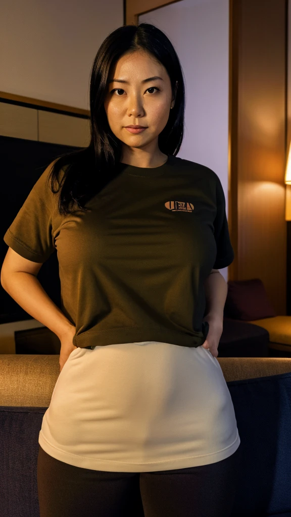 midnight,hotel,on the sofa,1women,30 yearsold,fat,long breasts,sweat,Tshirt,japanese,darkness,faint light,low brightness,((fullbody)),Ultra realistic photo