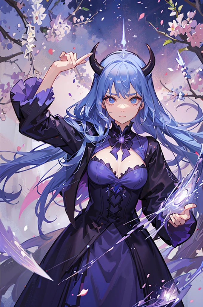 A girl with long blue hair, dressed in a demon slayer outfit, holding a sword, sad face, surrounded by falling wisteria petals, magical and shimmering colors, magical effects and sparkling, panoramic view from afar