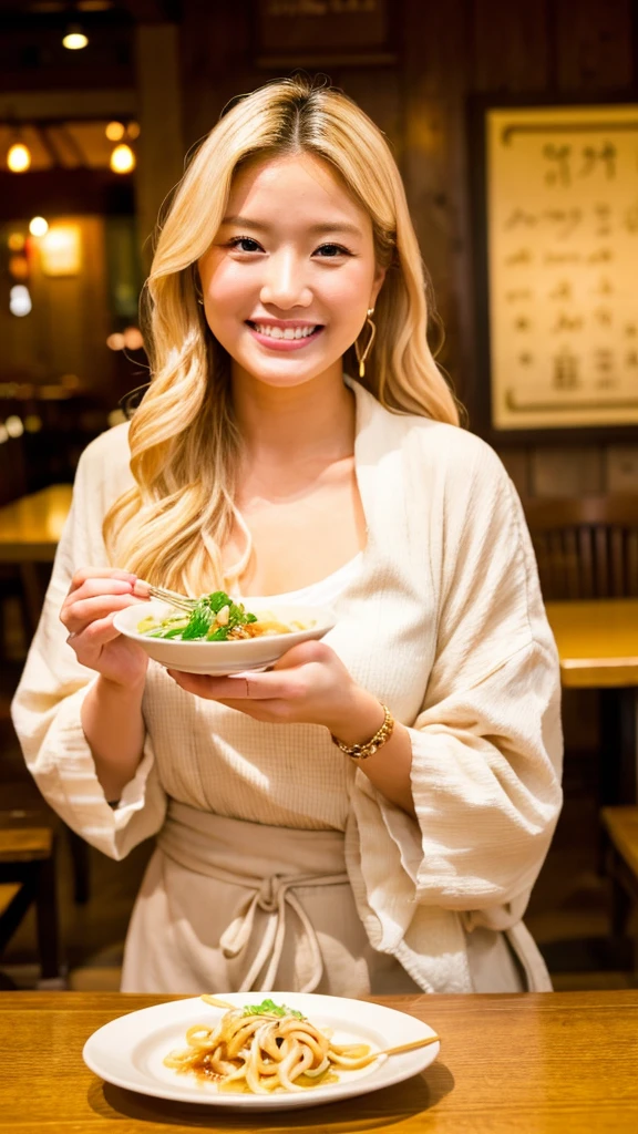 Emily, enjoying a side dish of tempura with her udon, her expression one of appreciation and joy. Her long, blonde hair and sun-kissed skin glow in the warm restaurant lighting. She is dressed in a light, breezy summer outfit suitable for the season.