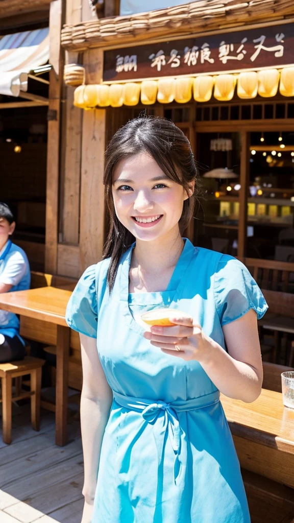 Emily, posing with the friendly udon restaurant staff, both smiling widely. Her clear blue eyes and friendly demeanor highlight her connection with the local culture. She is wearing a stylish summer dress suitable for the warm weather.