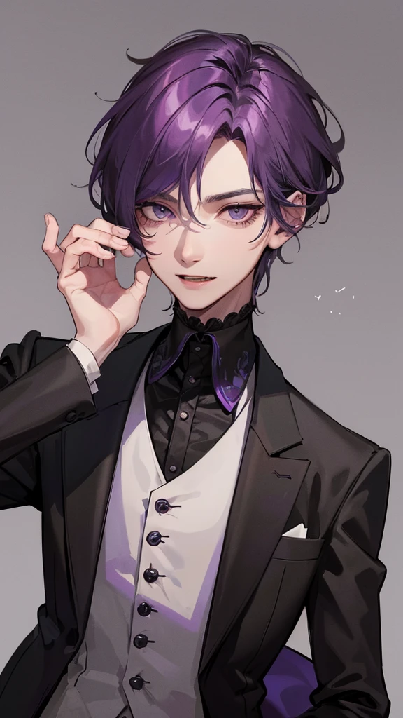 He is a handsome man. He has short hair. He has violet colored hair. He has dark purple eyes. He is tall. He wears a black suit. He has fangs and a tongue like a snake. He is a butler. He is calm. Dark fantasy
