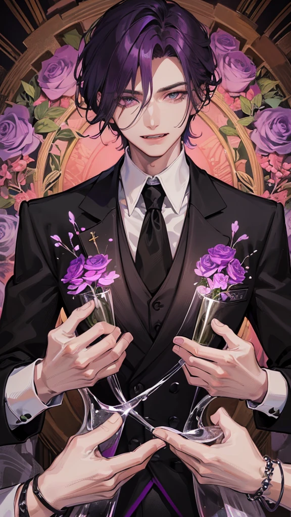 He is a handsome man. He has short hair. He has violet colored hair. He has dark purple eyes. He is tall. He wears a black suit. He has fangs and a tongue like a snake. He is a butler. He is calm. Dark fantasy