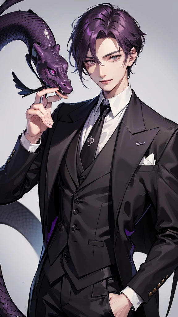 He is a handsome man. He has short hair. He has violet colored hair. He has dark purple eyes. He is tall. He wears a black suit. He has fangs and a tongue like a snake. He is a butler. He is calm. Dark fantasy 