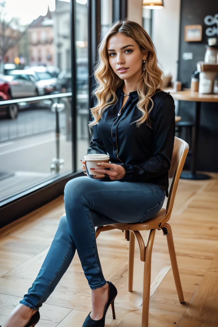 high quality,16K:1.1),((, German woman sitting on a chair in a coffee shop), 、(Full Body Shot:1.2),(),Blonde wavy hair、、ear piercing、smile、Beautiful teeth alignment、((Long sleeve blouse、Skinny jeans、pumps)), ,(View your audience:1.3),The background is a coffee shop